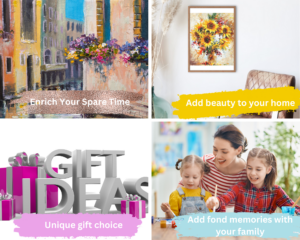 A collage of pictures with the words enrich your spare time, add beauty to your home, unique gift choice, and add fond memories with your family.